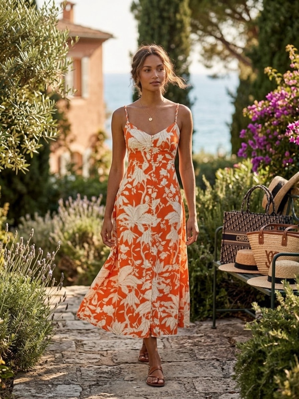 Orange Cream Floral Button Front Midi Dress Sun Dress
